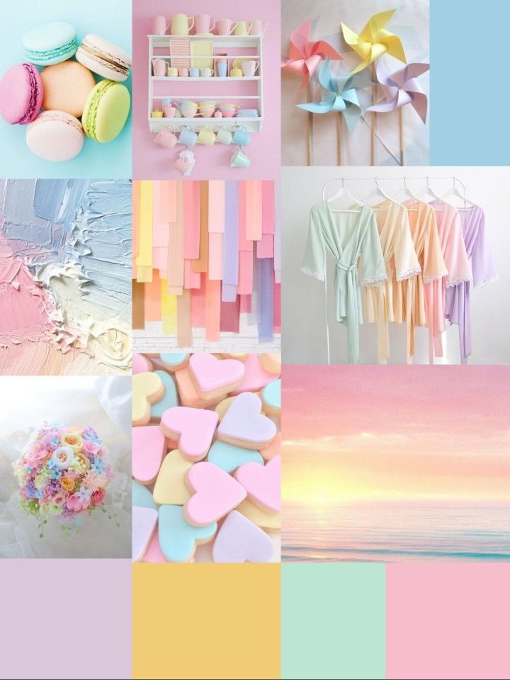 a collage of pastel colors with hearts, flowers and macaroni shells