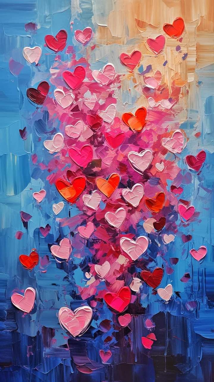 an abstract painting with many hearts floating in the air on a blue and pink background