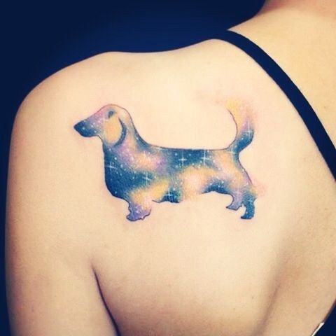 a dog tattoo on the back of a woman's left shoulder, with stars all over it