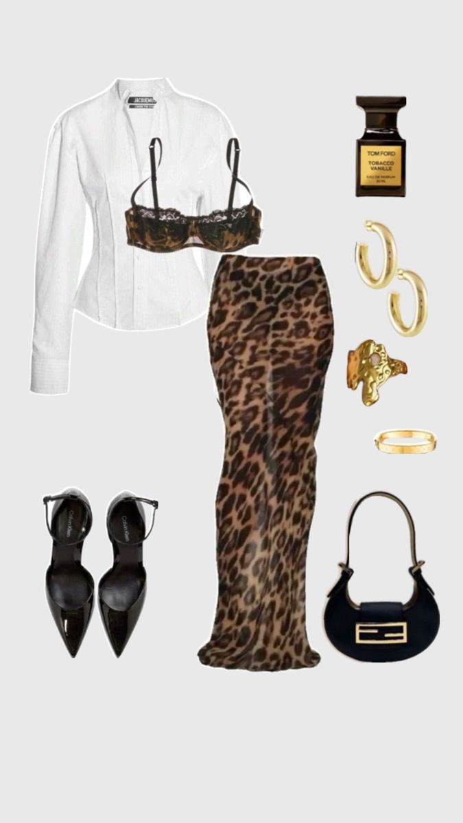 Gold jewellery and leopard print skirt Stile Blair Waldorf, Dinner Outfits, Mode Inspo, Fall Fits, Baddie Outfits Casual, Club Outfits, Lookbook Outfits, Fall Looks, Baddie Outfits