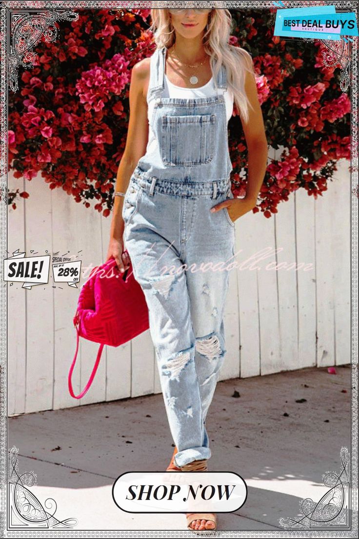 Yorker Pocketed Distressed Denim Overalls Ripped Denim Overalls, Strap Jeans, Types Of Jeans, Denim Dungarees, Women's Bottoms, Ripped Denim, Denim Overalls, Denim Jumpsuit, Washed Jeans