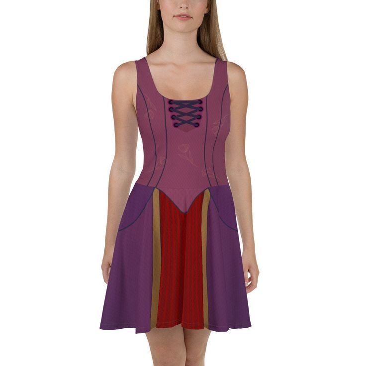 Dress to impress with this sleeveless skater dress! The soft fabric and flared skirt give it an elegant twist that brings out the intricate design with a beautiful vibrancy. * 82% polyester, 18% spandex * Fabric weight: 6.61 oz/yd² (224 g/m²) * Smooth and elastic fabric * Mid-thigh length flared skirt * Elastic waistline * Overlock seams, coverstitch hemline Purple Fantasy Dress For Costume Party, Purple Fantasy Costume Party Dress, Fantasy Style Purple Dress For Costume Party, Purple Fantasy Dresses For Fantasy Events, Fitted Fairy Dress For Fancy Dress, Fitted Fairy Dress For Fancy Dress Occasions, Witchy Dresses For Fantasy Events, Fitted Fairy Dress For Cosplay, Fitted Fairycore Dress For Fantasy Events