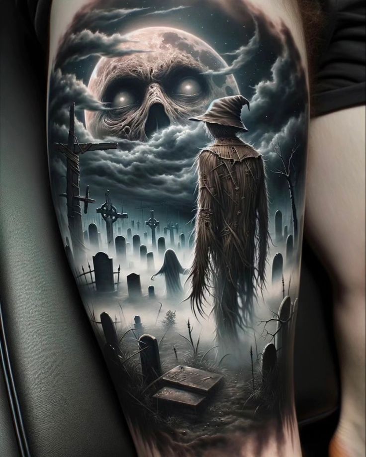 a man's arm with a skull and graveyard scene on it, in the middle of