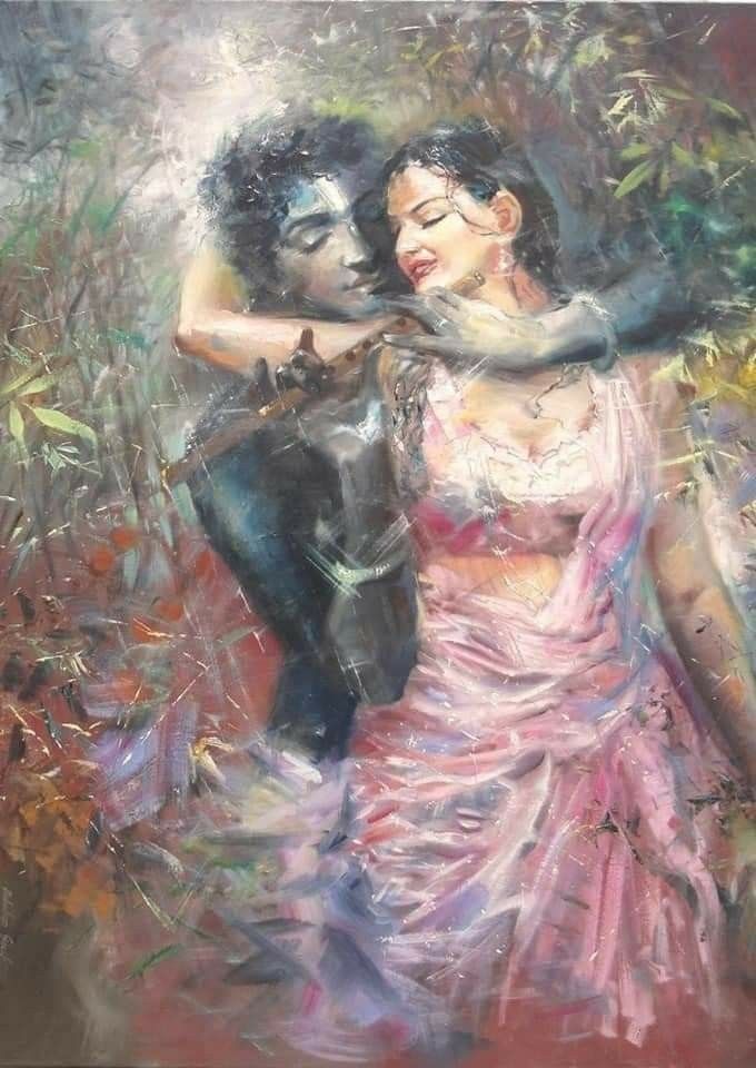 a painting of two people hugging each other