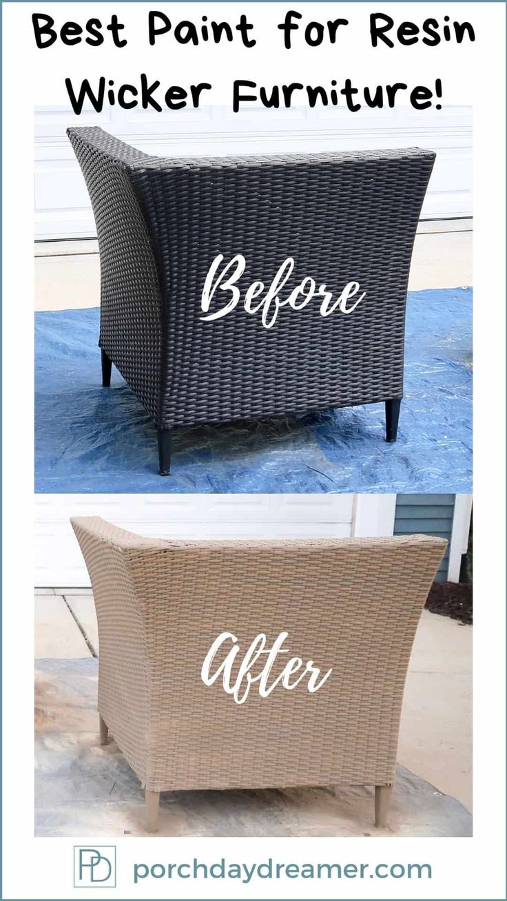 the before and after pictures of an outdoor wicker furniture piece that has been painted