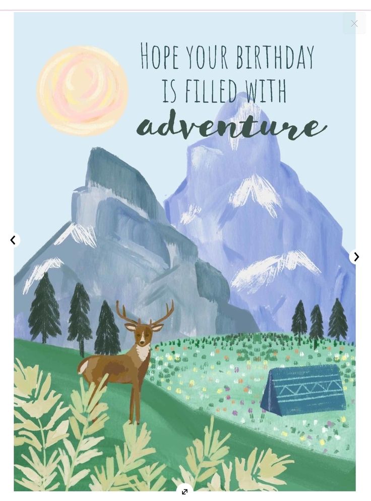 a birthday card with an image of a deer in the mountains, and text that reads, hope your birthday is filled with adventure