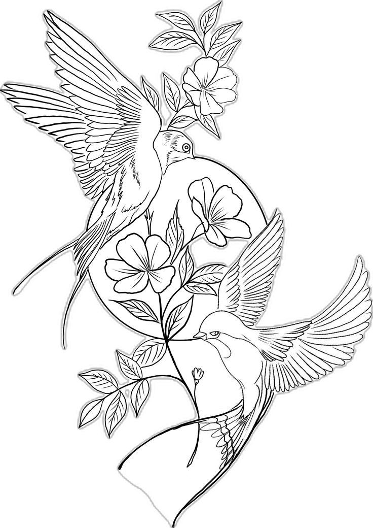 a bird with flowers on it's body flying in the air over a white background