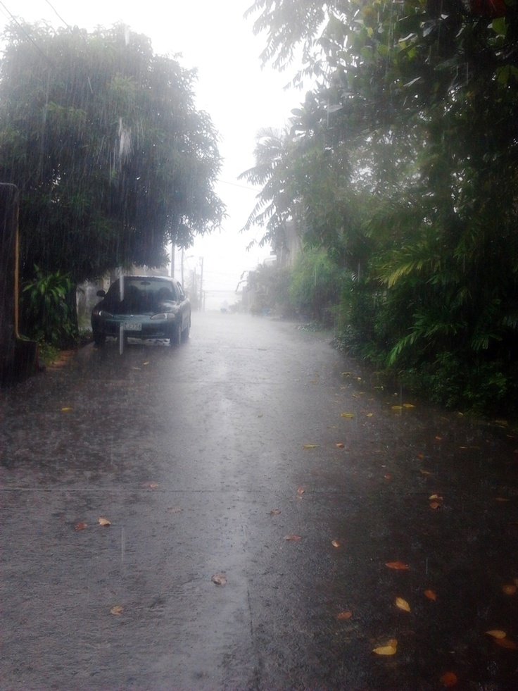 a car parked on the side of a road in the rain