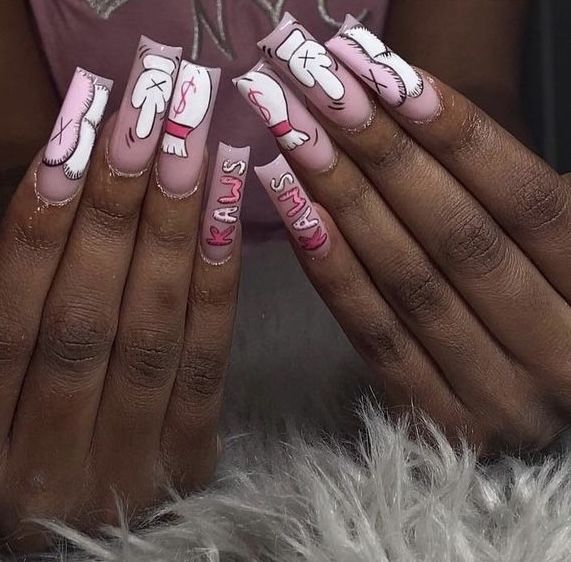 Kaw Nail Design, Kaws Nails Design Medium, Kaws Nail Designs, Kaws Nails Short, Kaw Nails, Kaws Nails, Pink Kaws, Acrylic Nails Pink, Spongebob Nails