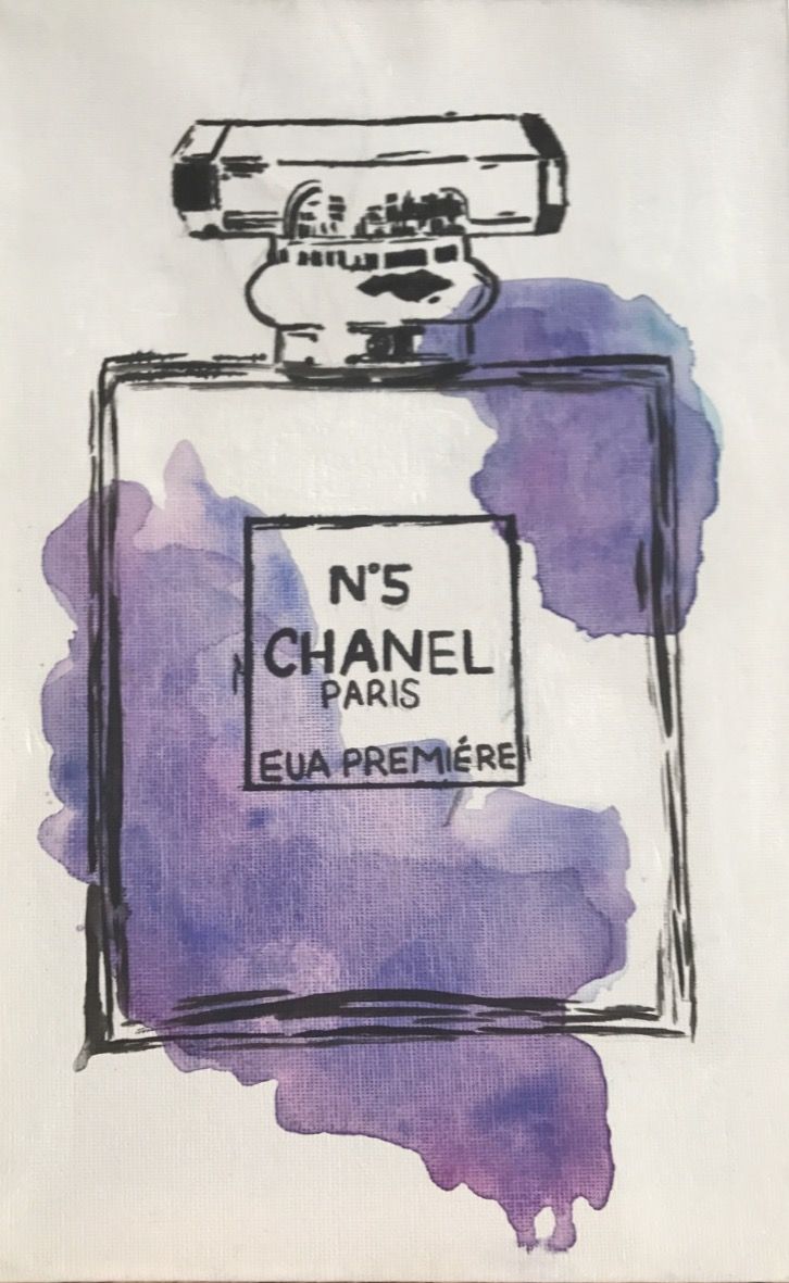 an illustration of a chanel bottle with purple paint splattered on it and the words n's chanel paris