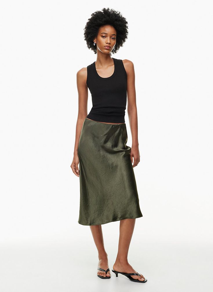 Midi Skirt Lulus, Satin Midi Skirt Ankle Boots, Midi Silk Skirt Green, Olive Green Slip Skirt, Knit And Slip Skirt, Satin Midi Skirt Shoes, Black Slip Midi Skirt, Satin Midi Skirt Dress, Midi Skirt Pumps