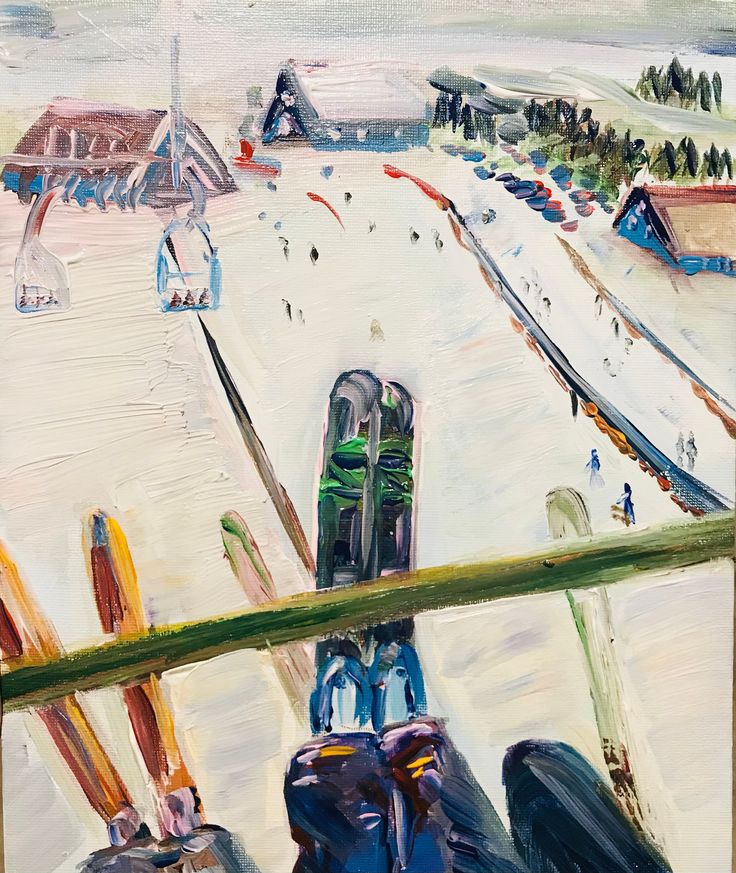 an oil painting of skis and snowboards on a ledge in front of a resort