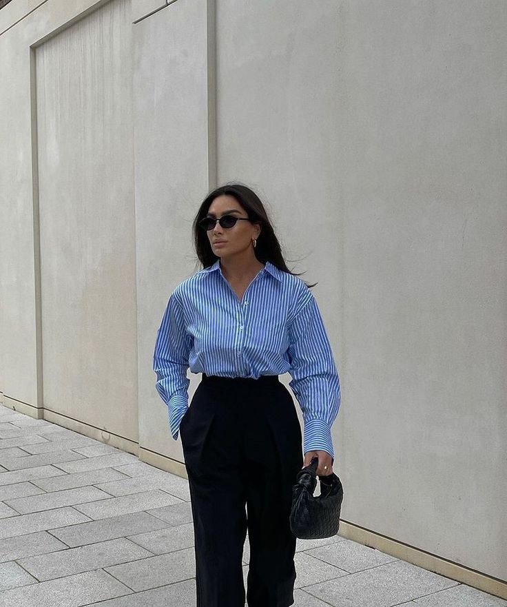 Charlotte Emily Sanders Style, Blue Shirt Black Pants, Mass Outfit, Charlotte Emily Sanders, Blue Striped Shirt Outfit, Emily Sanders, Charlotte Emily, Black Pants Outfit, Rihanna Outfits