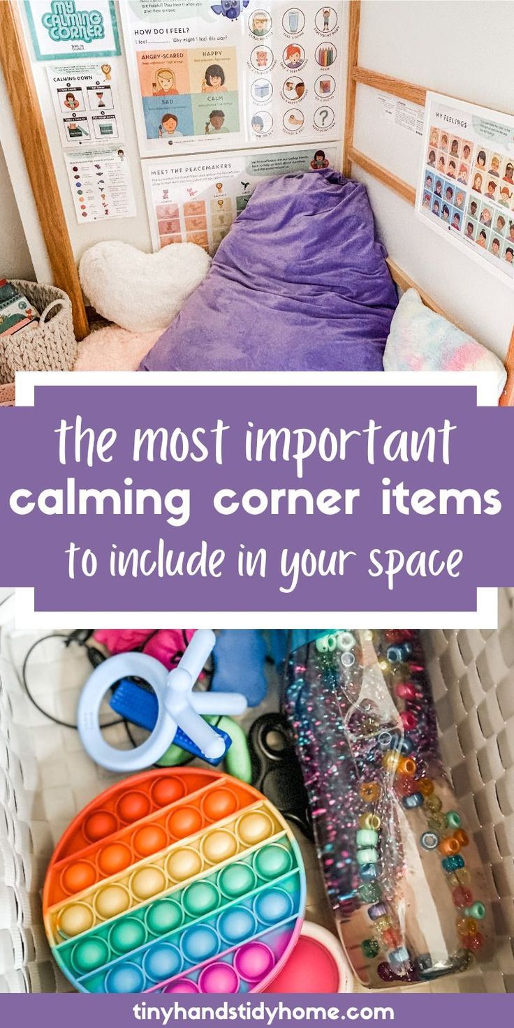 Image of calming corner pillow, posters, and sensory toys. The text over the image says, "the most important calming corner items to include in your space". Quiet Corner Home Kids, Kids Cozy Corner Ideas, Kids Cozy Corner, Kids Calming Corner, Emotional Regulation Activities For Kids, Calming Corner Posters, Toy Library, Corner Basket, Calm Room