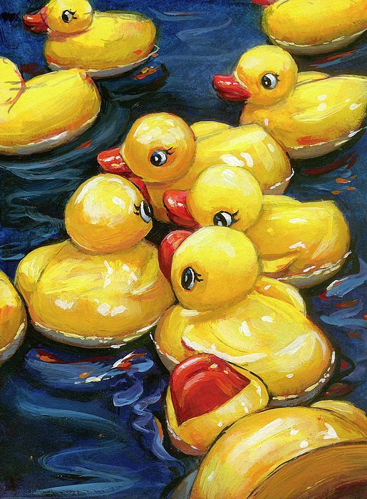 a painting of yellow rubber ducks floating in the water with their heads turned to look like they are looking at each other