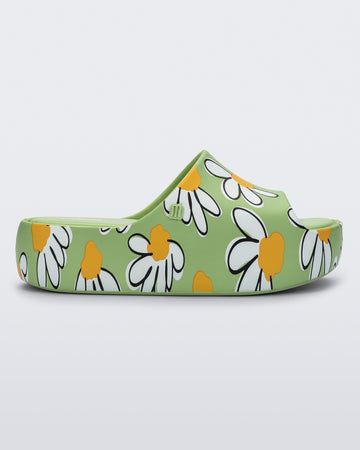 Free Print Platform Casual Green Slip-on Slides, Green Synthetic Slides For Spring, Casual Green Slides, Green Slip-on Slides With Rubber Sole, Trendy Green Slides For Spring, Trendy Slides With Branded Insole For Spring, Trendy Slides For Summer Streetwear, Trendy Summer Slides For Streetwear, Casual Green Slides With Rubber Sole