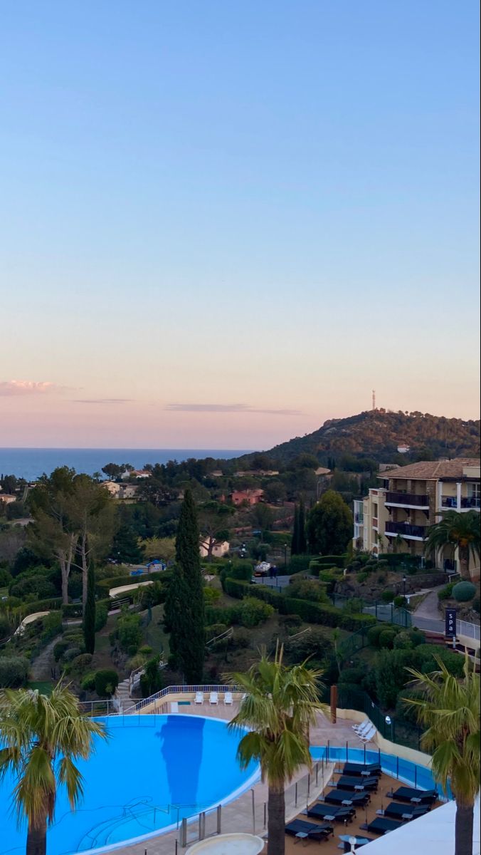 an outdoor swimming pool surrounded by palm trees and the ocean in the background at sunset