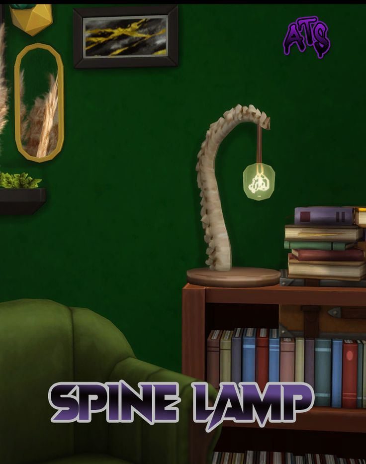 a green room with a lamp and some books