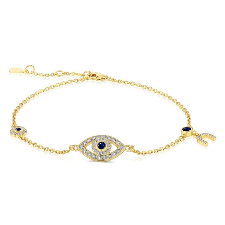 PRICES MAY VARY. 【Eye-Catching Design】This 14K gold bracelet with a natural sapphire gemstone features a delicate adjustable chain, and showcases a round devil's eye design that is guaranteed to attract attention. 【High-Quality Materials】Made from premium quality materials, this bracelet is built to last. The sapphire gemstone and moissanite crystal are sure to sparkle and impress for years to come.Each bracelet has a 14K exclusive metal Stamp. 【Size Information】The width of the devil's eye is a Elegant Gold Evil Eye Bracelet With Cubic Zirconia, Gold Evil Eye Bracelet, European Jewelry, Lucky Jewelry, 18k Gold Bracelet, Devil Eye, Congratulations Gift, Round Sapphire, Eye Bracelet