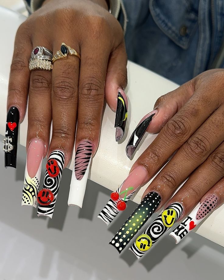 Sanai | Overly love these😍😍😍😍 📍Marietta, Ga📍 #hiramnailtech #atlantanailtech #atlnails #ATLNAILS #atlantanails #powderspringsnailtech... | Instagram Long Nail Freestyle, Christmas Nails Dramatic, Different Style French Tip Nails, Opposite Hand Nail Designs, Maximalist Valentines Nails, Intricate Nail Designs Nailart, Derra Taylor Nails, Graphic Short Nails, Paint Nails Aesthetic