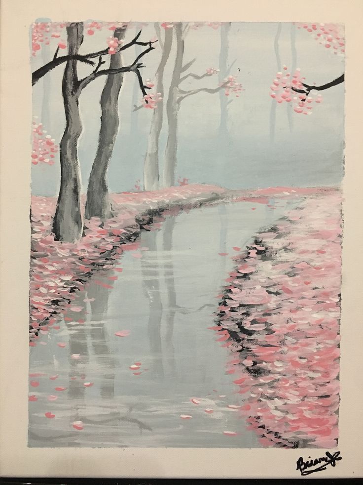 a painting of trees and water with pink flowers