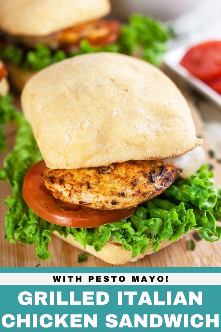 grilled italian chicken sandwich with pesto mayo on a ciabatta bun and lettuce