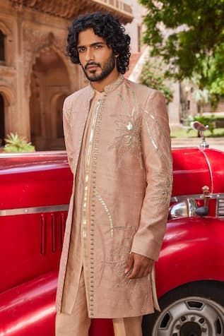 Rose brown sherwani with floral leather applique, moti, cutdana embroidery. Paired with kurta and pant. - Aza Fashions Designer Straight Kurta With Resham Embroidery, Designer Resham Embroidery Straight Kurta, Designer Bandhgala With Resham Embroidery For Festivals, Designer Resham Embroidery Kurta For Reception, Designer Kurta With Resham Embroidery For Designer Wear, Designer Sets With Chikankari Embroidery For Festivals, Designer Chikankari Embroidery Sets For Festivals, Designer Unstitched Kurta With Resham Embroidery, Designer Resham Embroidery Kurta For Festive Occasions