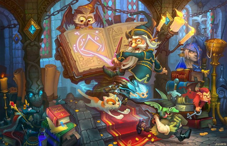 an image of a wizard reading a book in the middle of a room filled with other items