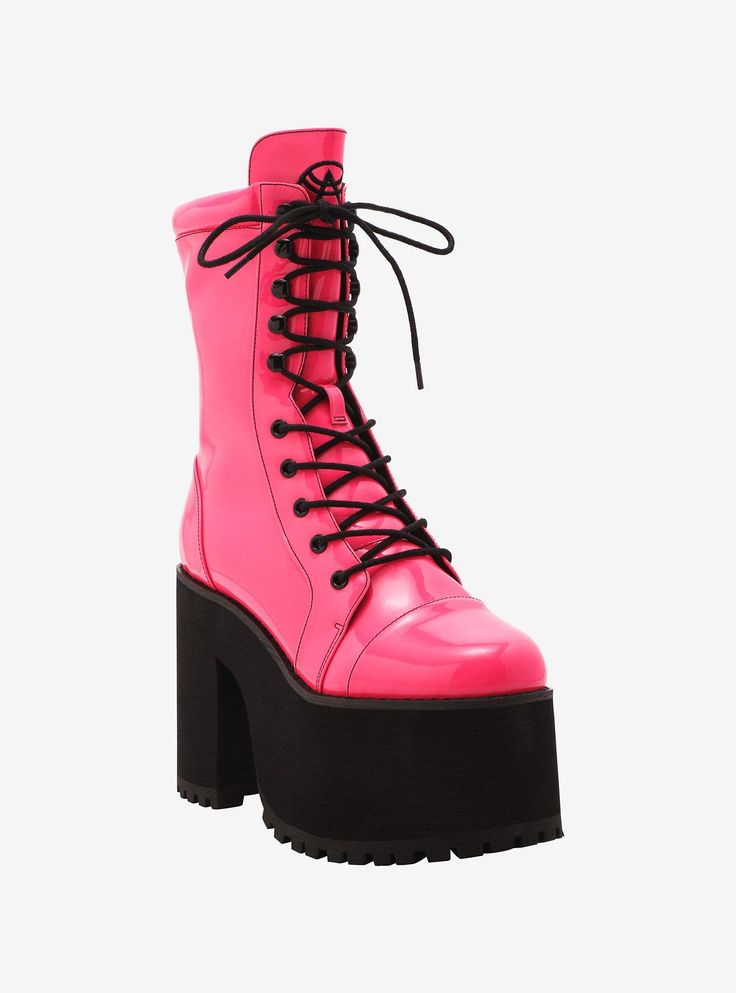 These boots are for baddies that wanna make a statement! This pair of platforms feature a hot pink upper and come with front laces and inside zipper closures.Listed in women's sizes.Platform: 3 14''Heel: 5 12''Polyurethane upper; EVA soleImported Hot Pink Punk Outfits, Pink Mall Goth, Pink Punk Outfits, Bright Outfit, Blair Witch Project, Exploding Kittens, Disney Dragon, Emily The Strange, Hello Kitty House