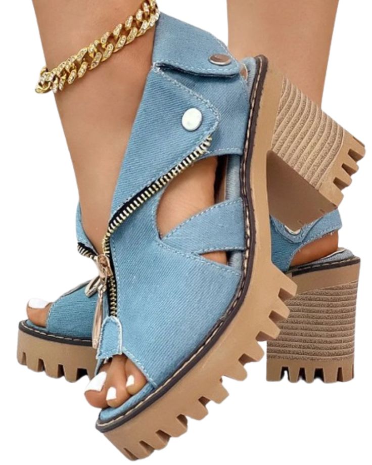 Denim Sandals, Denim Heels, Chunky Heel Pumps, Shoes Outfit, Chic Type, Pu Heels, Chunky Heels Sandals, Blue Sandals, Peep Toe Heels