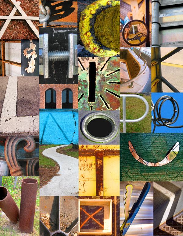 many different types of metal and wood are arranged in this collage, including the letter o