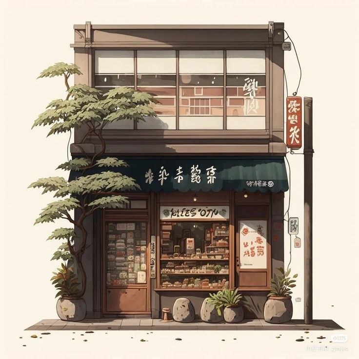 Japanese City Buildings, Japan Building Drawing, Town Illustration Buildings, Japanese Building Art, Japanese Shop Drawing, Japanese Building Drawing, Japanese House Drawing, Anime Building, Anime Town