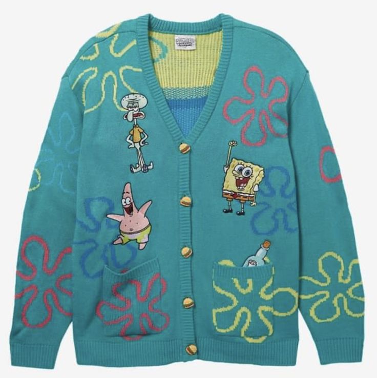 a cardigan sweater with spongebob characters on the front and back in blue