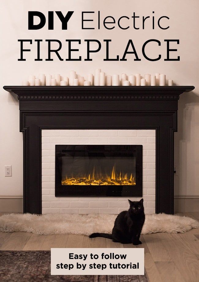 a black cat sitting in front of a fireplace