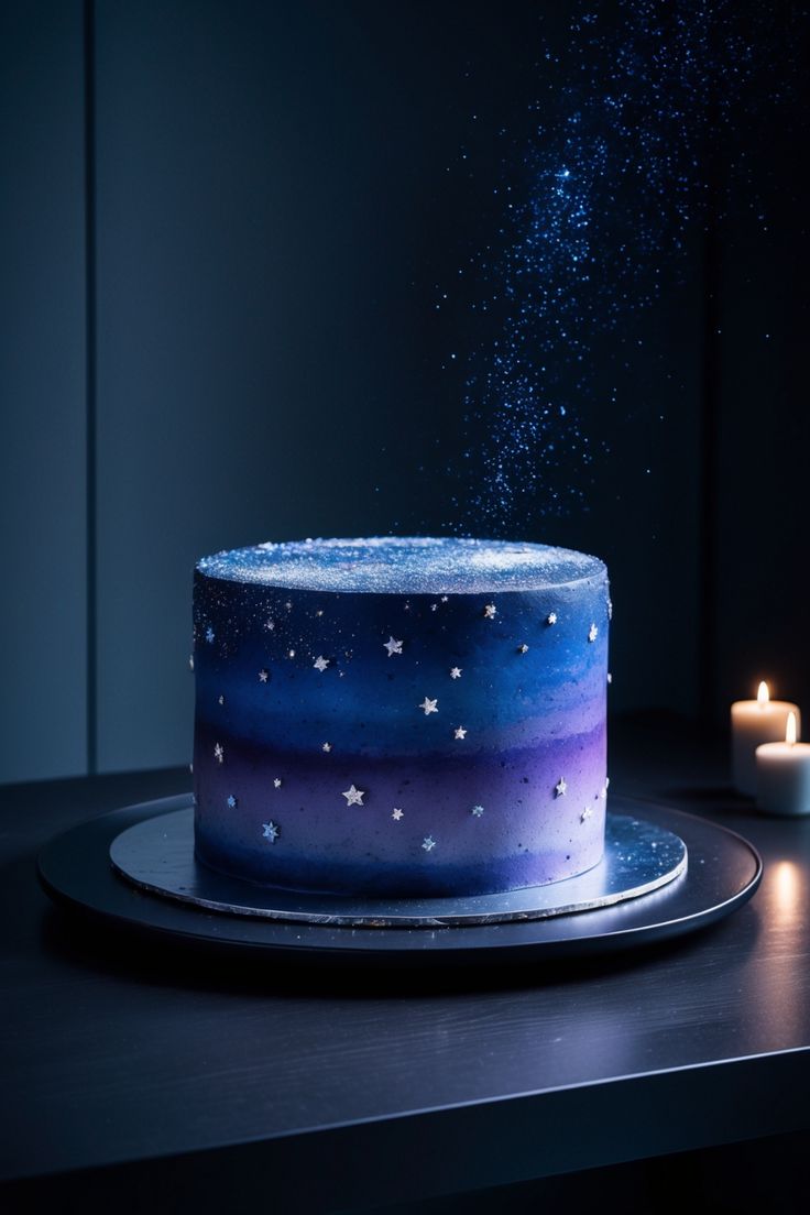 a blue and purple cake sitting on top of a table next to two lit candles