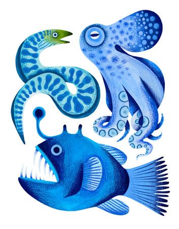 two blue fish and an octopus are depicted in this watercolor painting