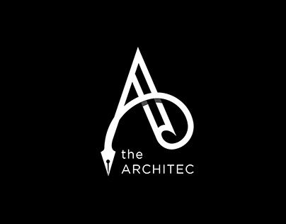 the architec logo on a black background with an arrow pointing up to it