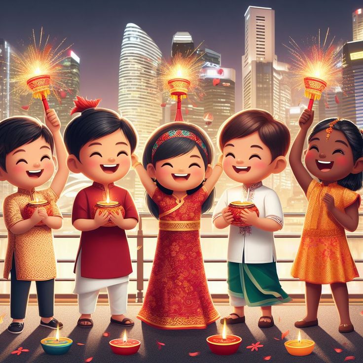 a group of children holding candles in front of a cityscape