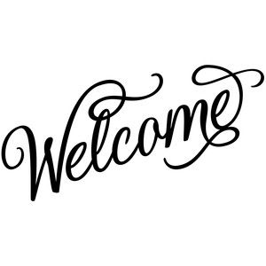 the word welcome written in cursive writing on a white background with black ink