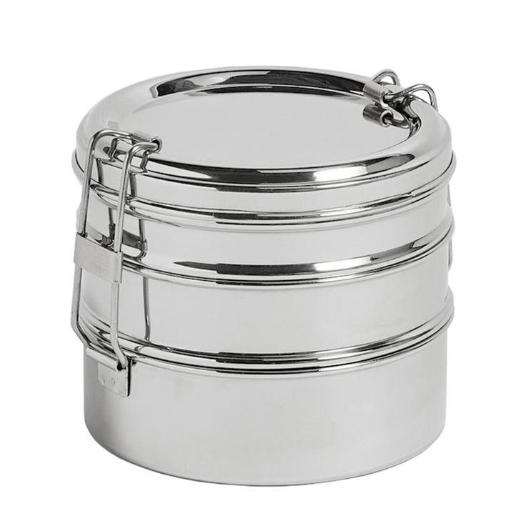 three stainless steel containers stacked on top of each other with one lid open and the other closed