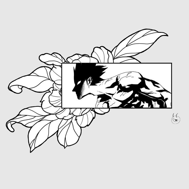 a black and white drawing of a bird on a branch with flowers in the background