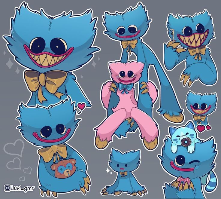 some blue and pink cartoon cats with different expressions on their faces, one is holding a donut