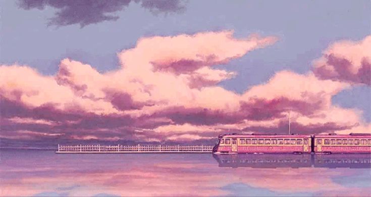 a painting of a train on the water with clouds in the sky and a pier behind it