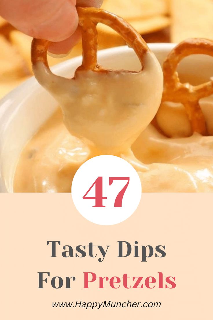 a person dipping cheese into a bowl with pretzels in it and text overlay that reads 47 tasty dips for pretzels