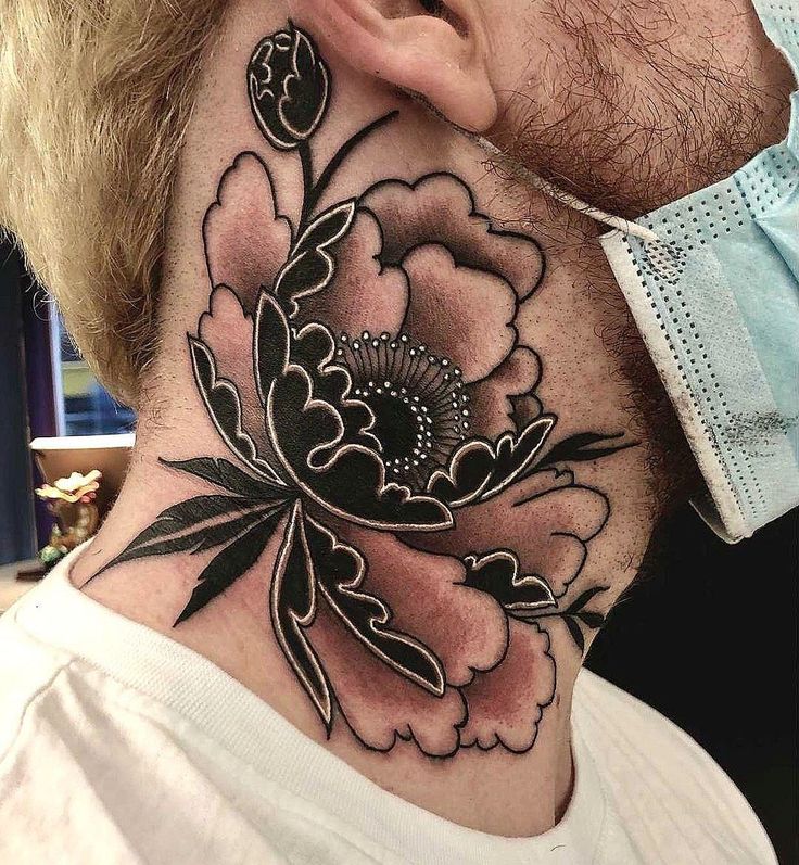 My neck tattoo Japanese Side Neck Tattoo, Colored Throat Tattoo, Turtle Neck Tattoo, Black And White Neck Tattoo, Yakuza Neck Tattoo, Traditional Side Neck Tattoo, Peonies Neck Tattoo, Face Tattoo Coverup, Peony Throat Tattoo