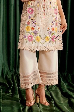 Ivory chanderi kurta with floral pearls, beads, thread and cutwork embroidery. Paired with coordinating cutwork embroidered pant. - Aza Fashions Cutwork Embroidery, Embroidered Pants, Kurta With Pants, Cut Work, Flared Sleeves, Floral Embroidery, Aza Fashion, Pants For Women, Embroidery