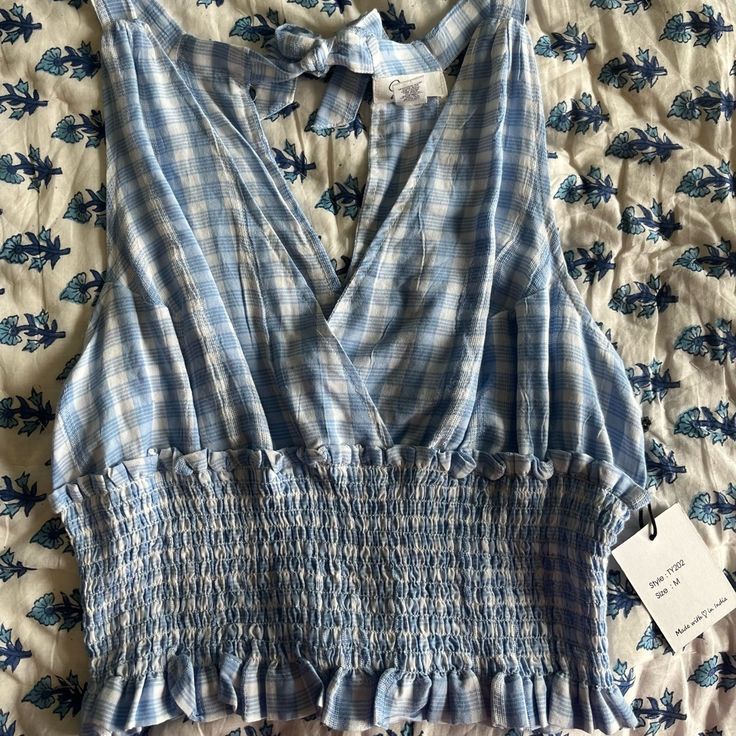 Never Worn Nwt Cute Blue Gingham Pattern Perfect For Summer Cotton V-neck Tops For Picnic, Summer V-neck Top For Picnic, Blue Summer Top For Picnic, Blue Summer Tops For Picnic, Casual V-neck Tops For Picnic, Blue Cotton Top For Picnic, Blue Fitted Top For Picnic, Fitted Blue Top For Picnic, Fitted Blue Tops For Picnic