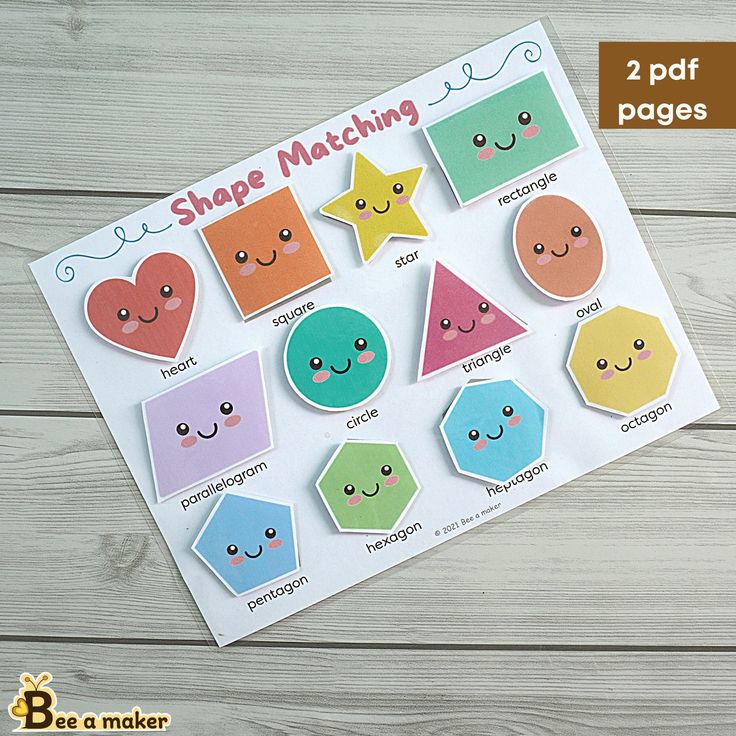 a sheet of paper with different shapes and sizes on it, next to a sticker that says shape matching