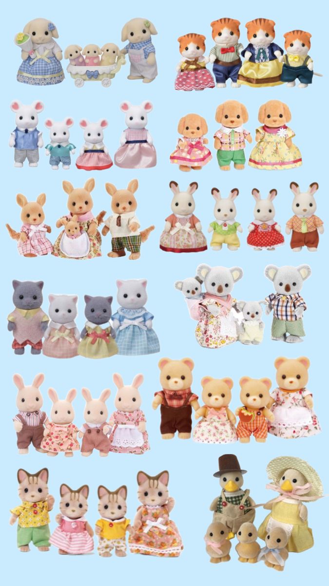 many different stuffed animals are shown together on a light blue background, with the caption's name below it