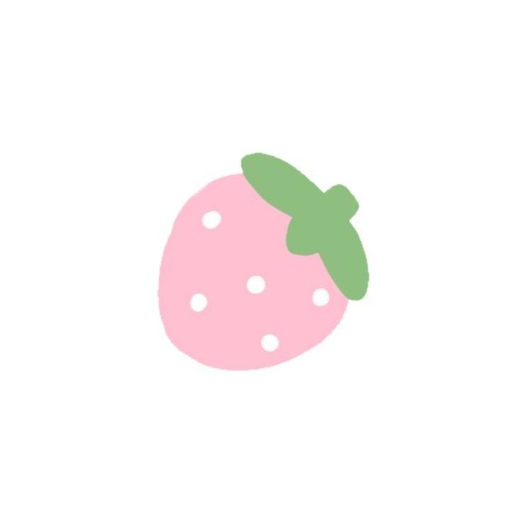 a pink strawberry with green leaves on it's side and white dots around the top